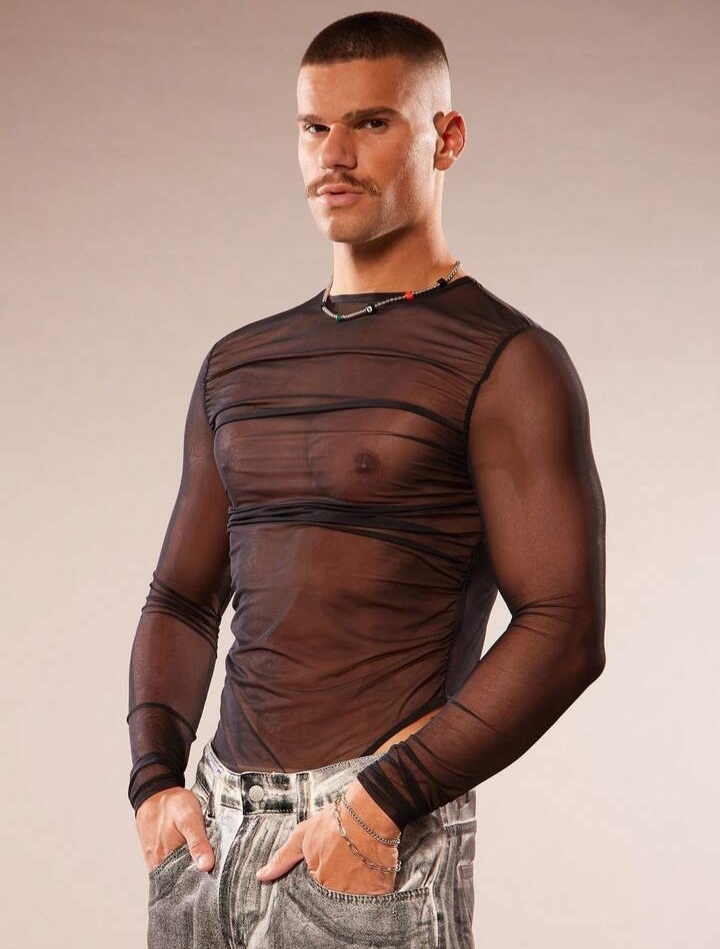 Men's Solid Color Mesh Round Neck Long Sleeve Jumpsuit See Through Top Men